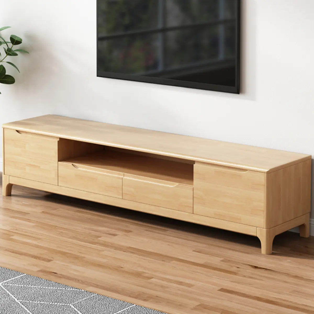 Nut-Brown Rubberwood Cabinet Open Storage TV Stand Image - 6