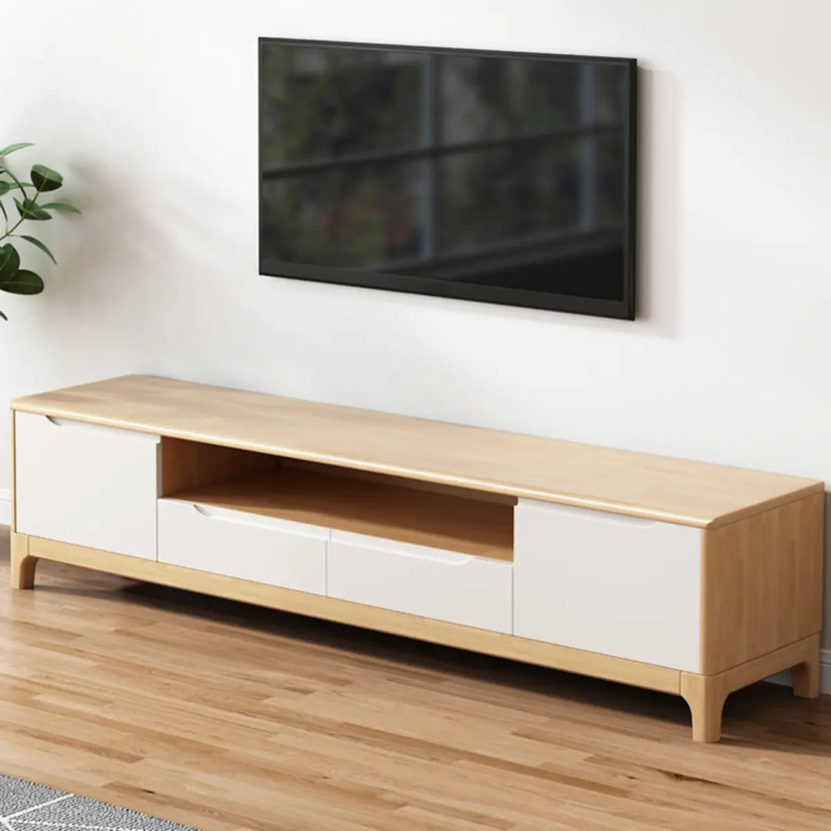 Nut-Brown Rubberwood Cabinet Open Storage TV Stand Image - 8