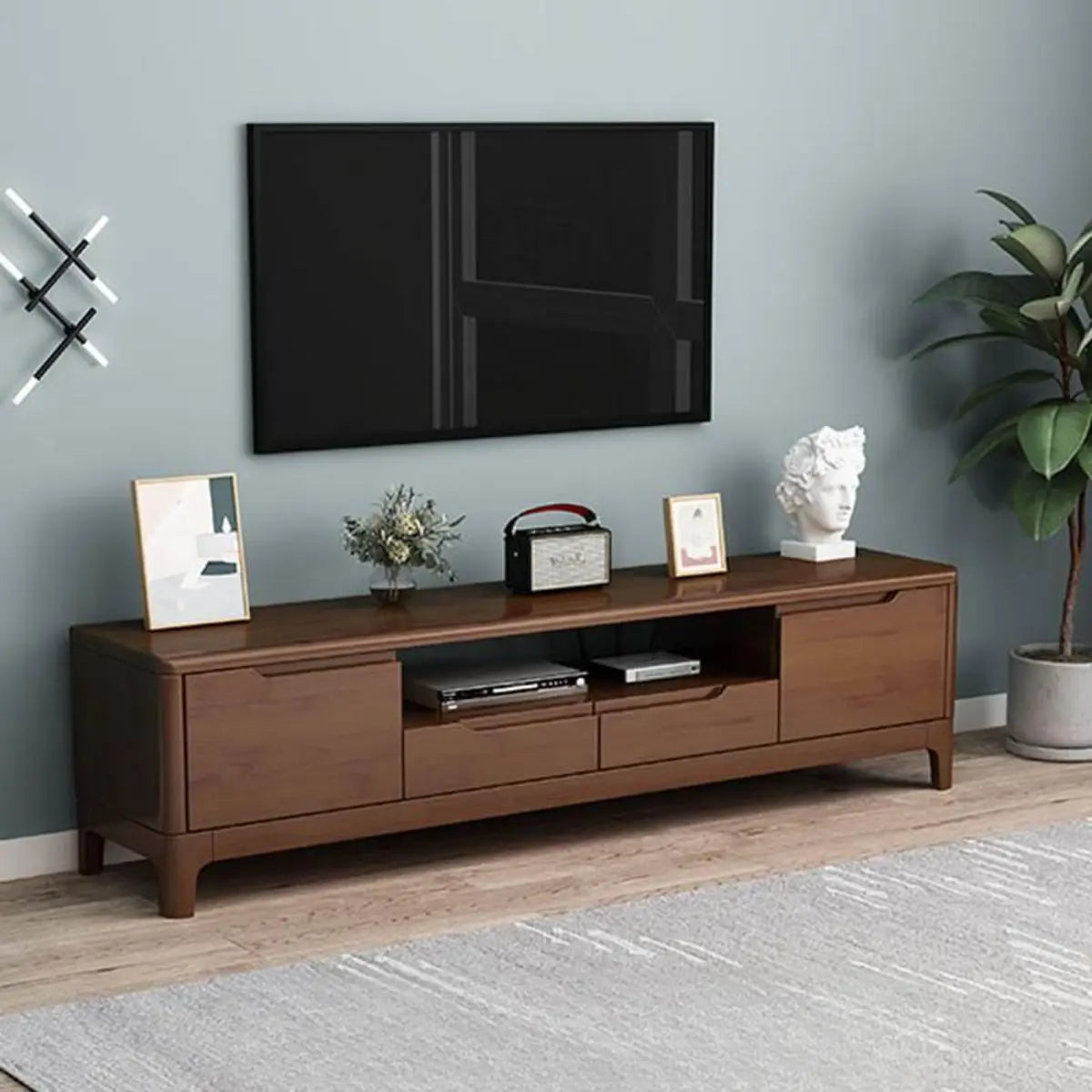 Nut-Brown Rubberwood TV Stand with Shelves Cabinet Image - 1