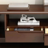 Nut-Brown Rubberwood TV Stand with Shelves Cabinet Image - 14