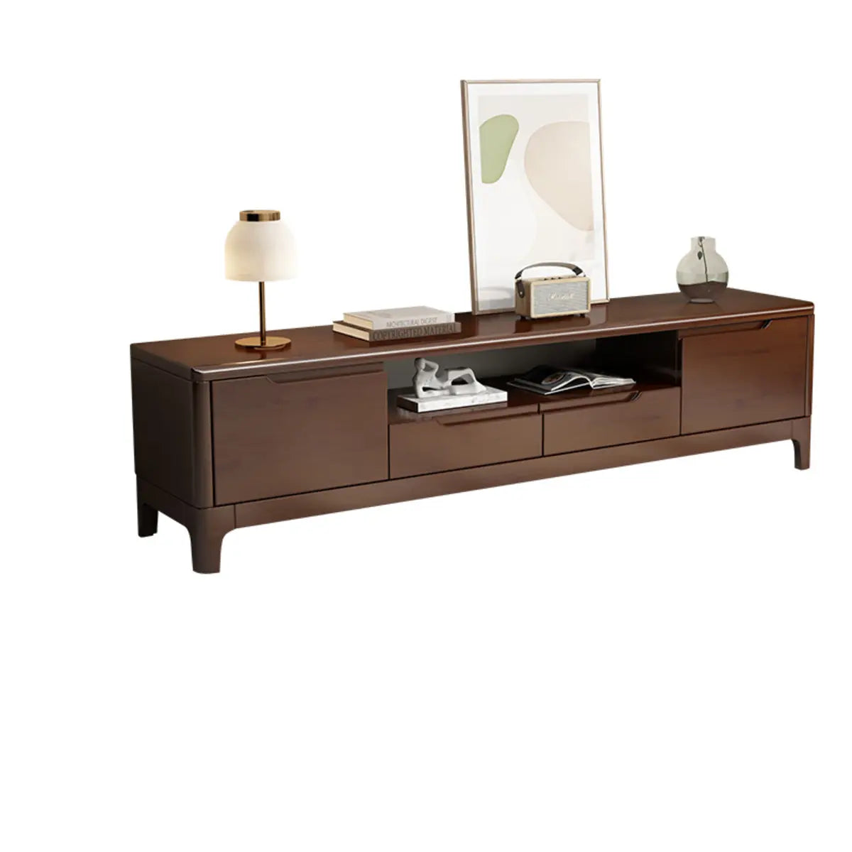 Nut-Brown Rubberwood TV Stand with Shelves Cabinet Image - 15