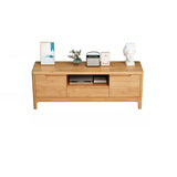 Nut-Brown Rubberwood TV Stand with Shelves Cabinet Image - 2