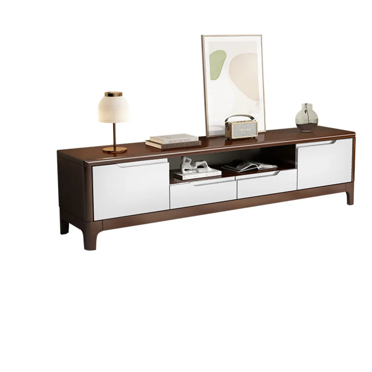 Nut-Brown Rubberwood TV Stand with Shelves Cabinet Image - 24