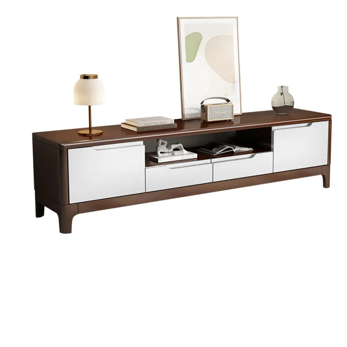 Nut-Brown Rubberwood TV Stand with Shelves Cabinet Image - 25