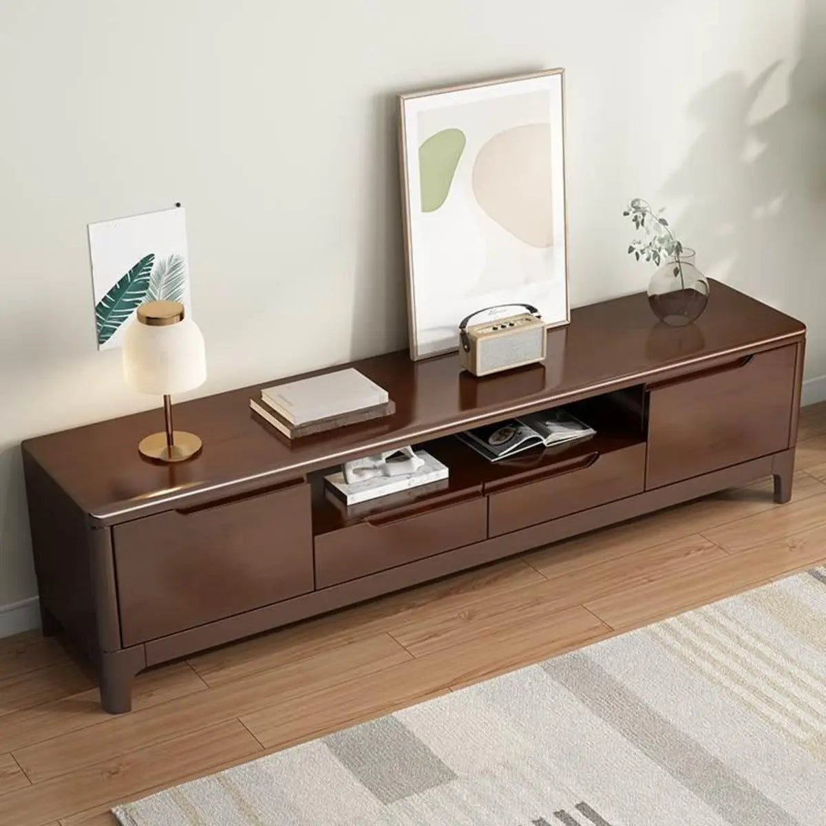 Nut-Brown Rubberwood TV Stand with Shelves Cabinet Image - 4