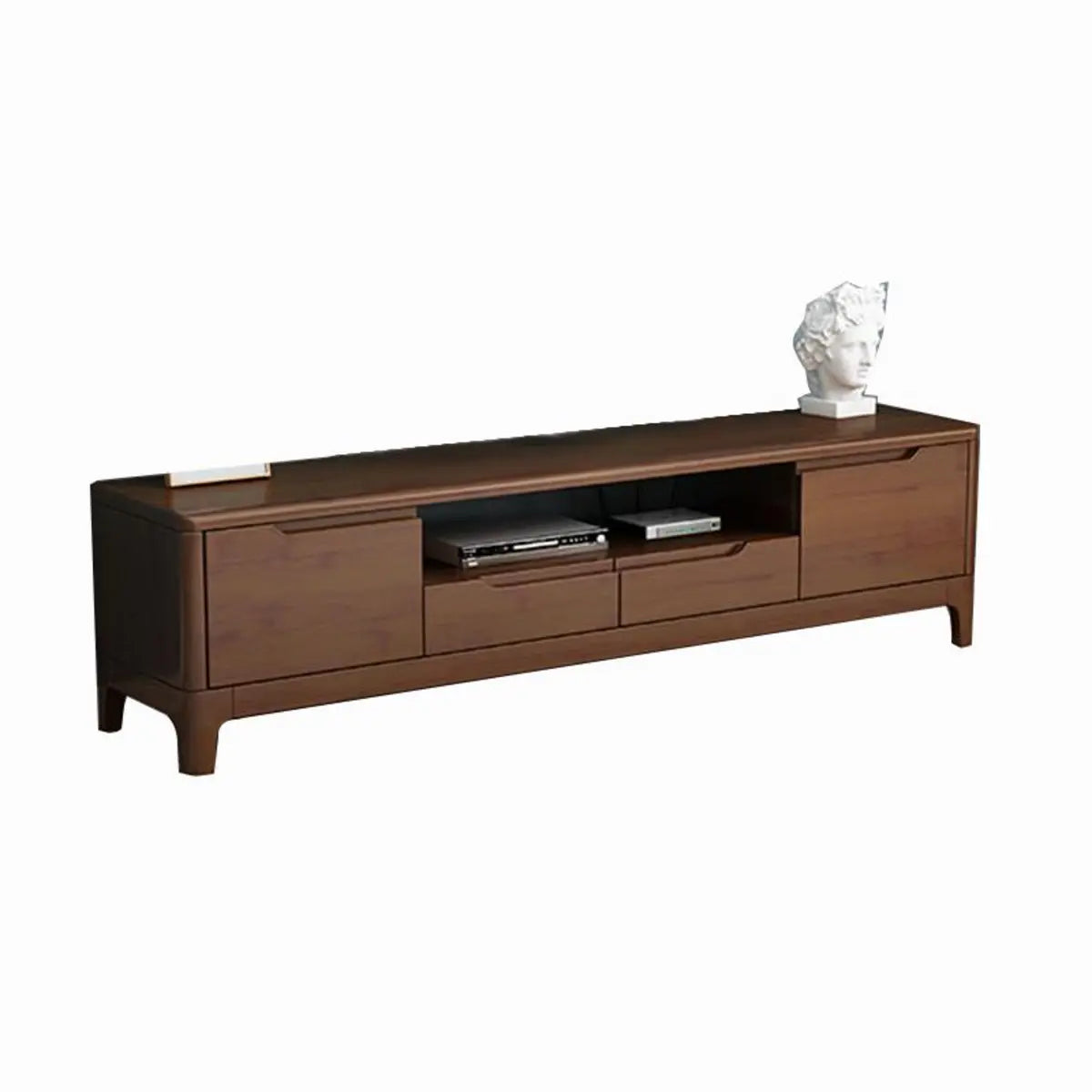 Nut-Brown Rubberwood TV Stand with Shelves Cabinet Image - 9