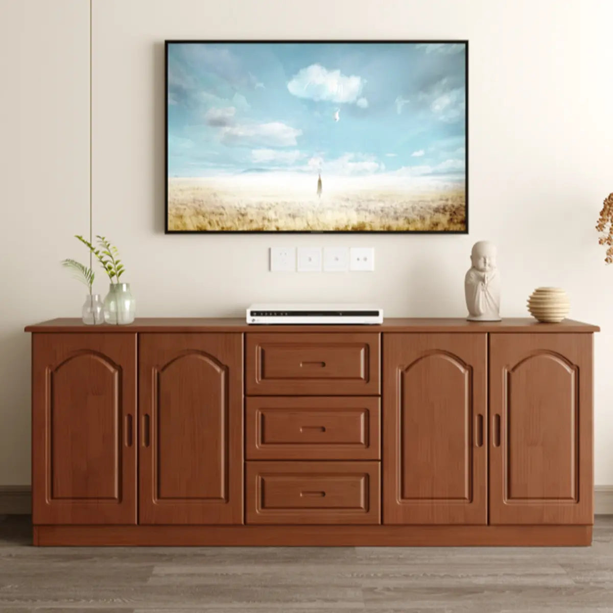 Nut-Brown Wood Drawers Cabinet Rectangle TV Stand Image - 14