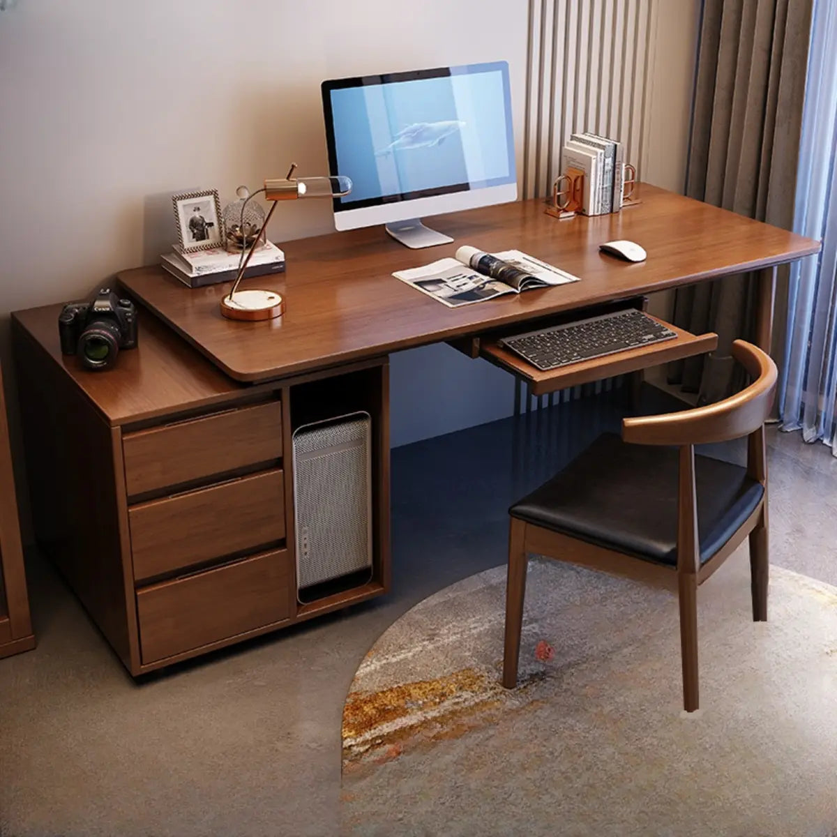 Oak Exterior Shelf Drawers Keyboard Tray Computer Desk Image - 1