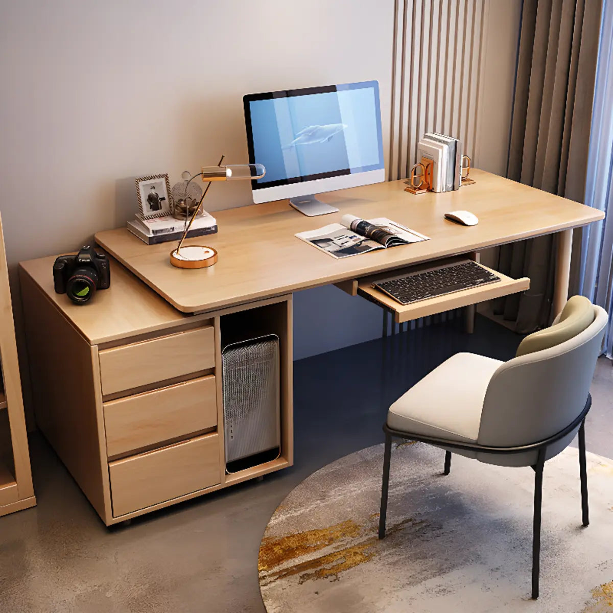 Oak Exterior Shelf Drawers Keyboard Tray Computer Desk Image - 6