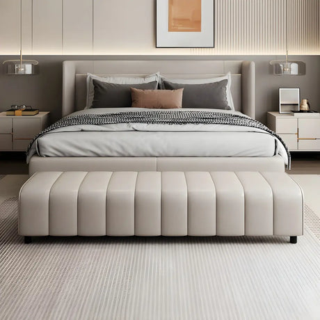 Off-White Genuine Leather Upholstered Bedroom Bench Image - 1