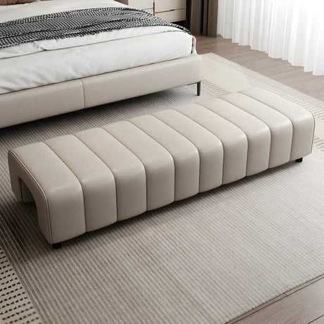 Off-White Genuine Leather Upholstered Bedroom Bench Image - 2