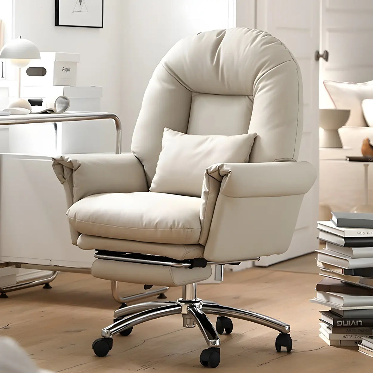 Off-White Leather Reclining Swivel Executive Office Chair Image - 4