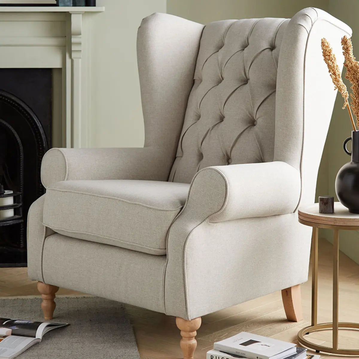 Off-White Linen Round Arm Tufted BackWingback Chair Image - 1