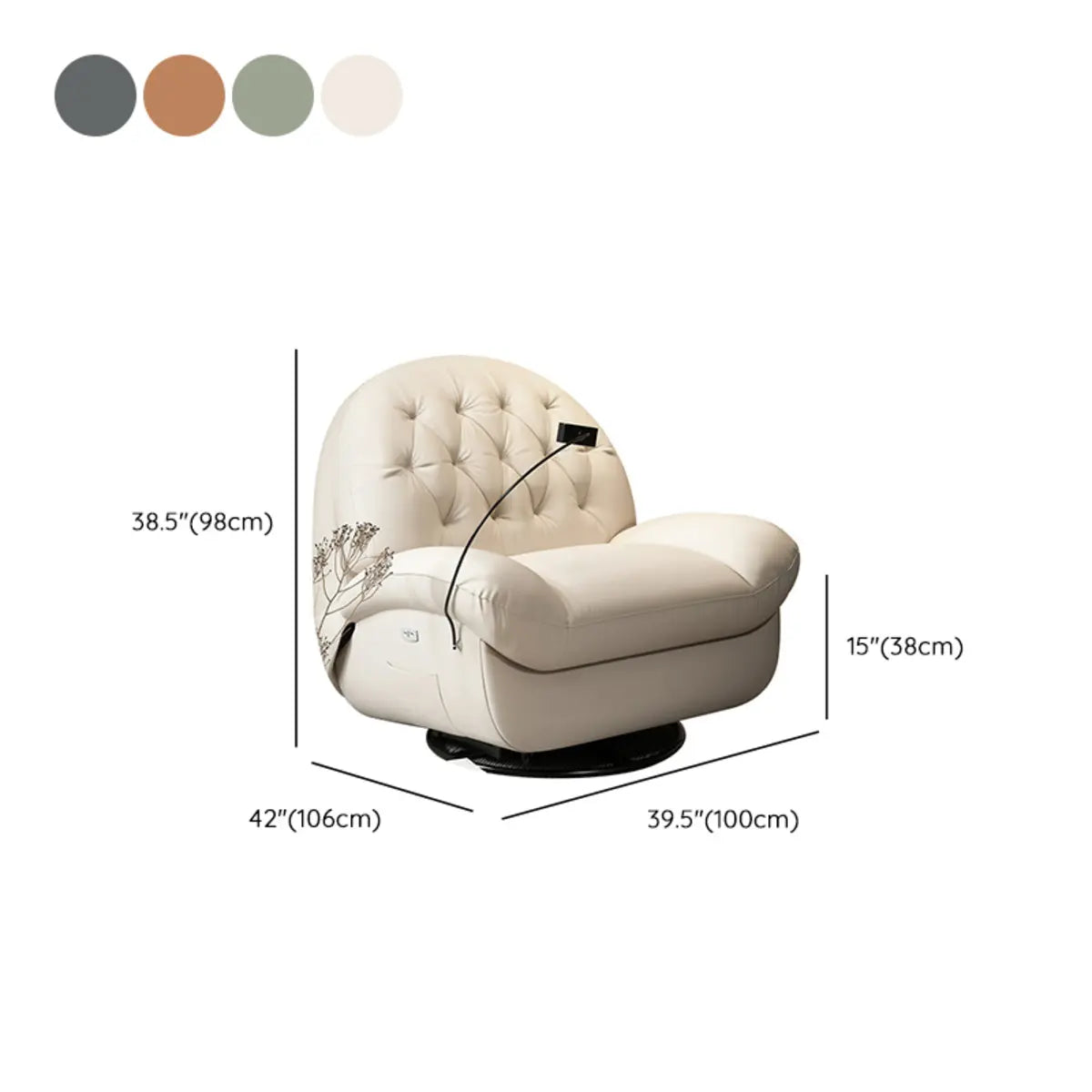 Off-White Manual Push Button Leather Swivel Recliner 