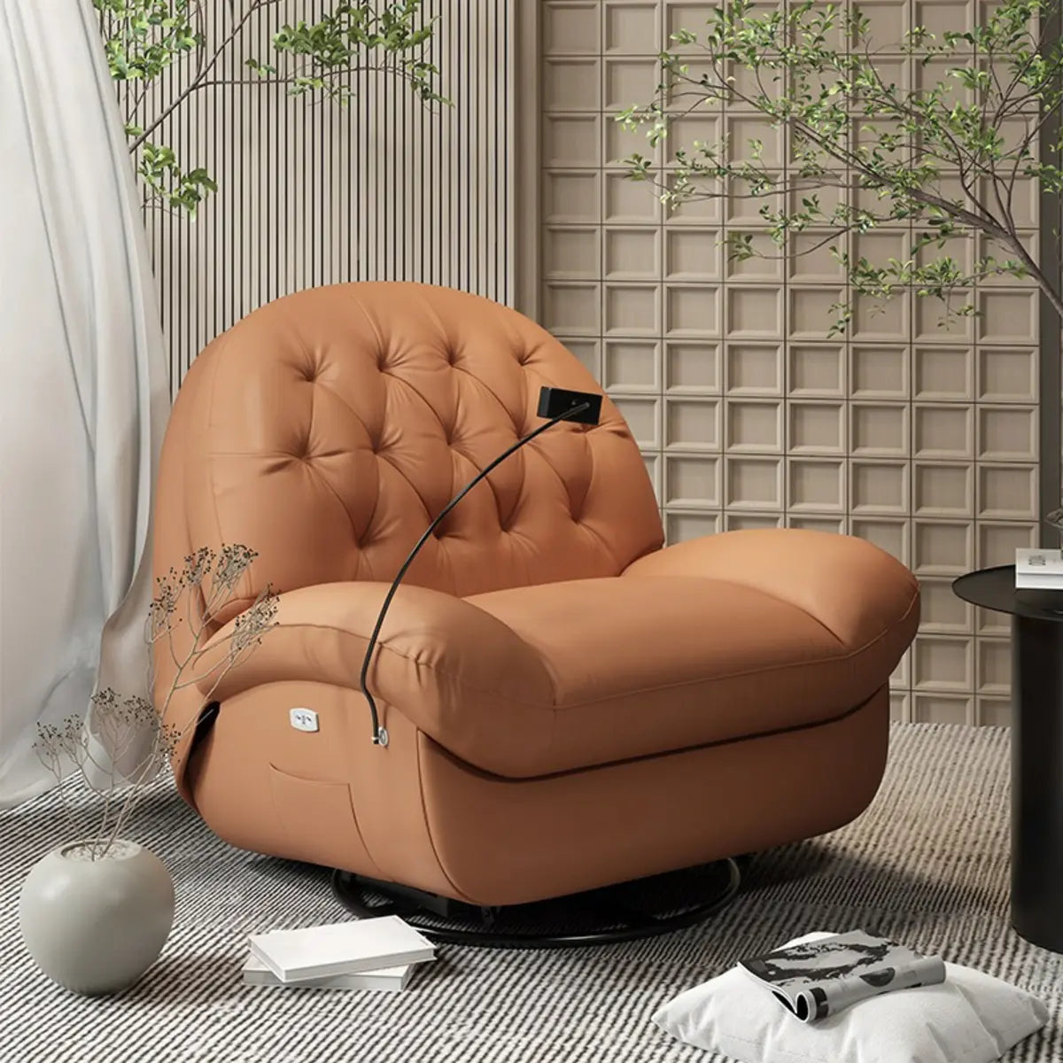 Off-White Manual Push Button Leather Swivel Recliner Image - 3