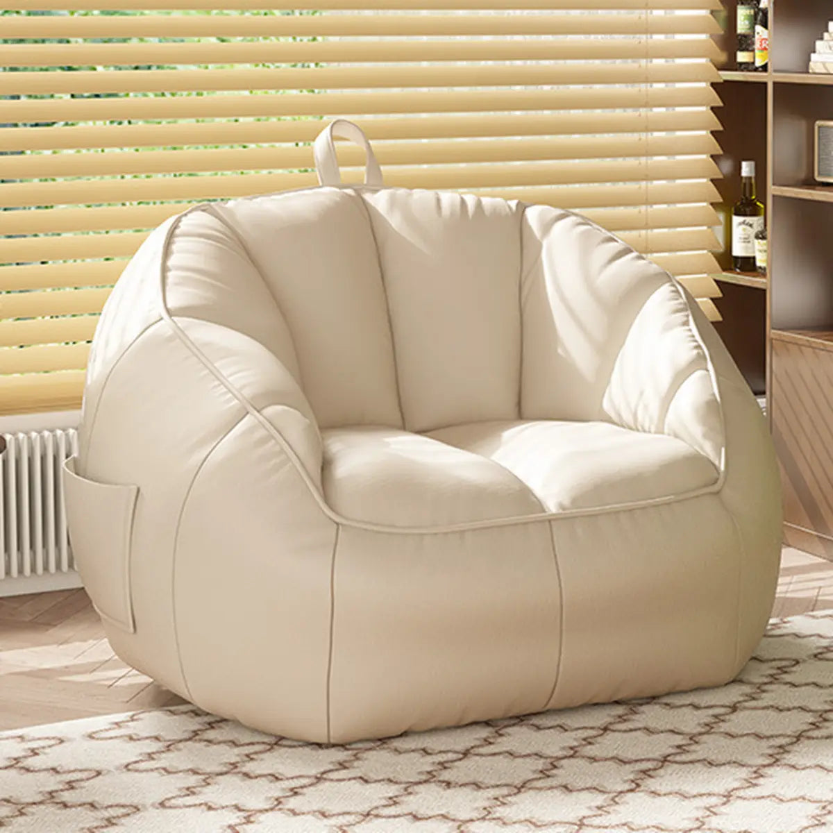 Off-White Portable Round Leather Lounge Bean Bag Chair Image - 3