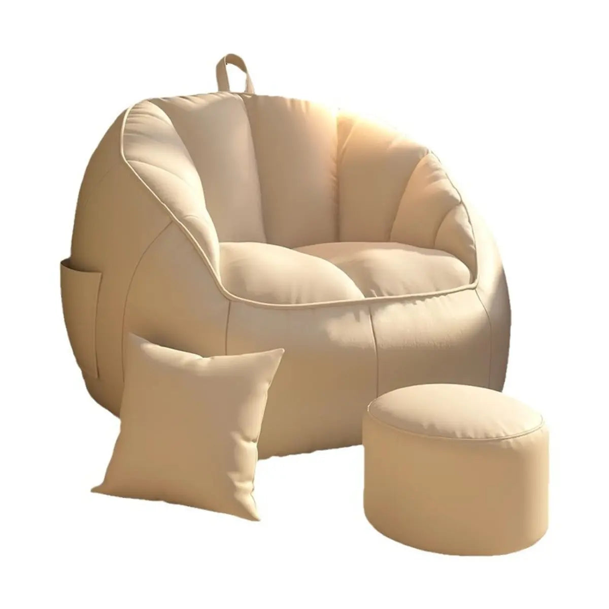 Off-White Portable Round Leather Lounge Bean Bag Chair Image - 5