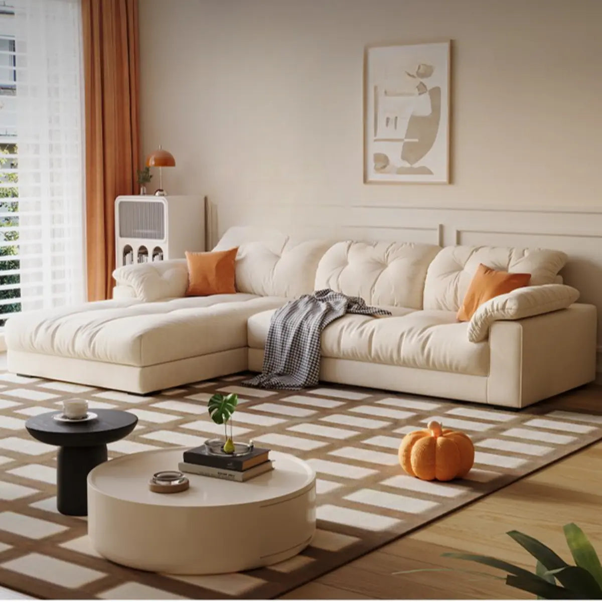 Off-White Premium Velvet Tufted Back Left Sofa Chaise Image - 1