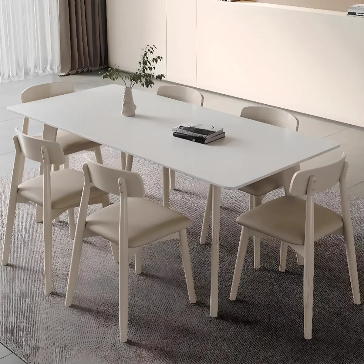 Off-White Slate Dining Table with Upholstered Chairs Image - 10