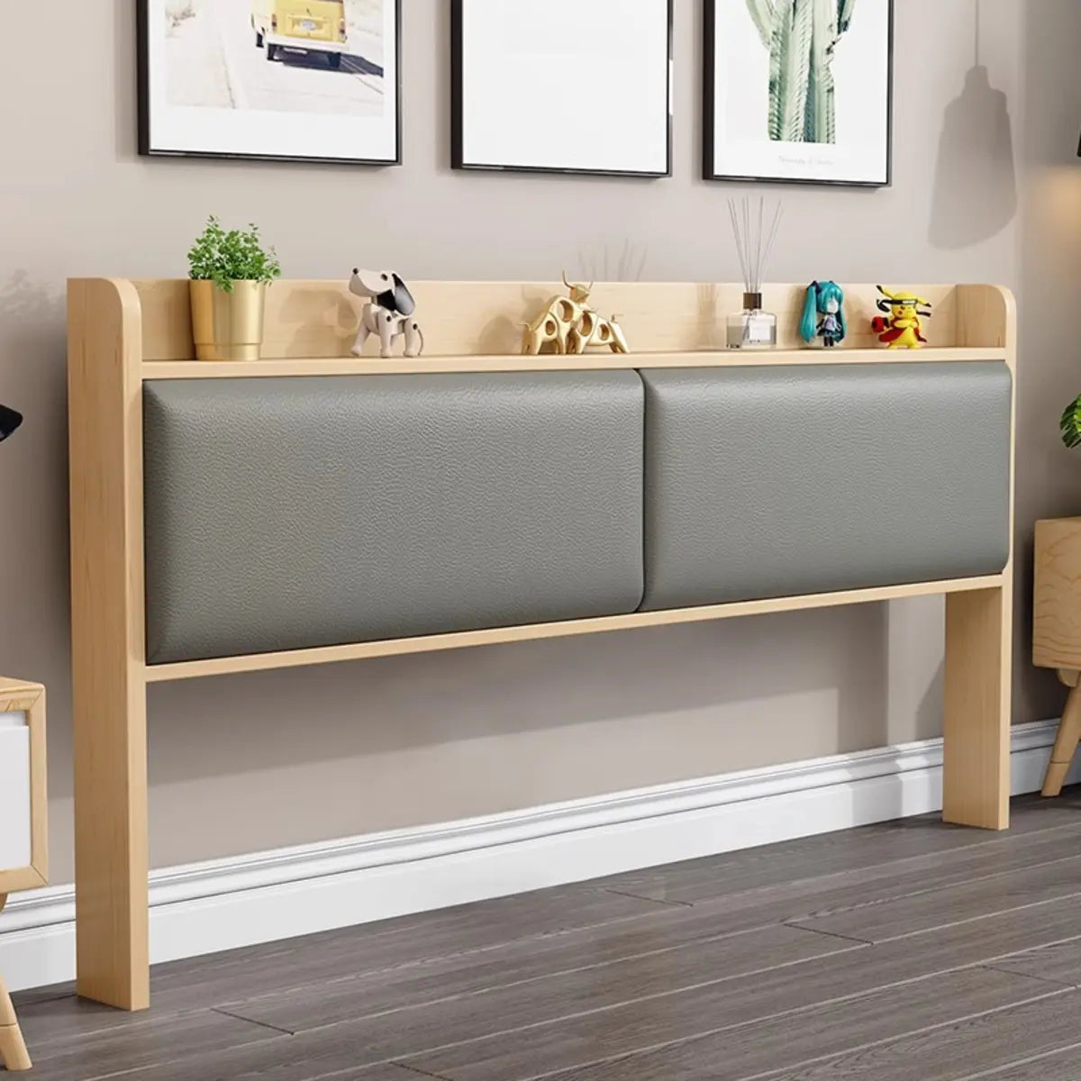 Off-White Upholstered Wood Queen Headboard with Shelves Image - 3