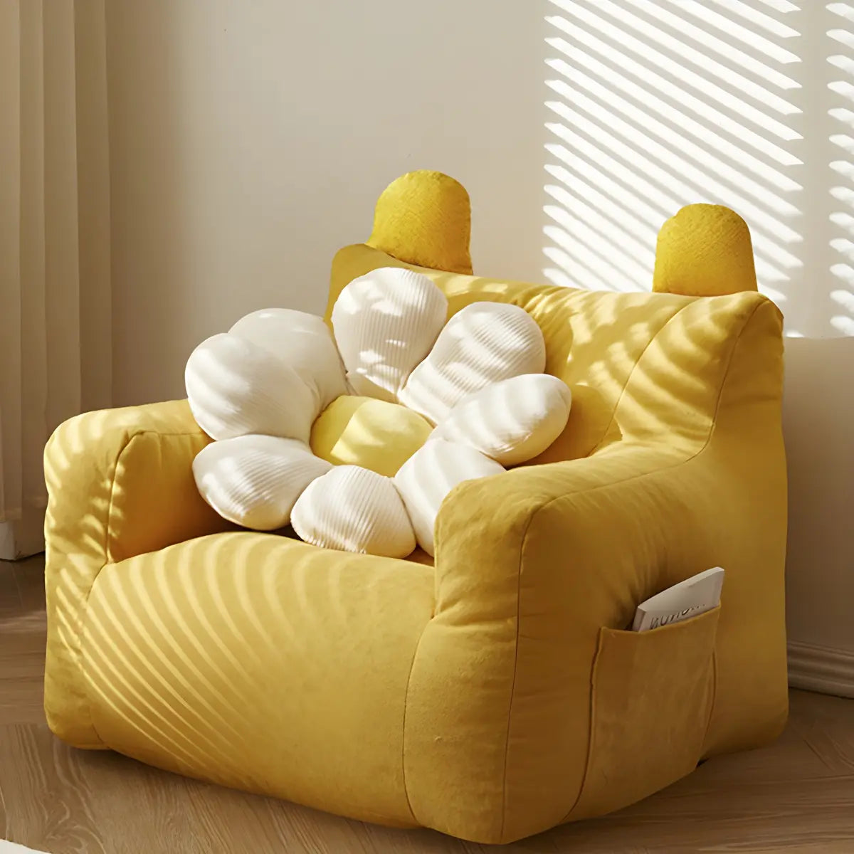 Off-White Velvet Lounge Bean Bag Sofa with Storage Image - 4