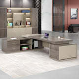 Off-White Wood Cabinet Storage L-Shape Executive Desk Image - 4