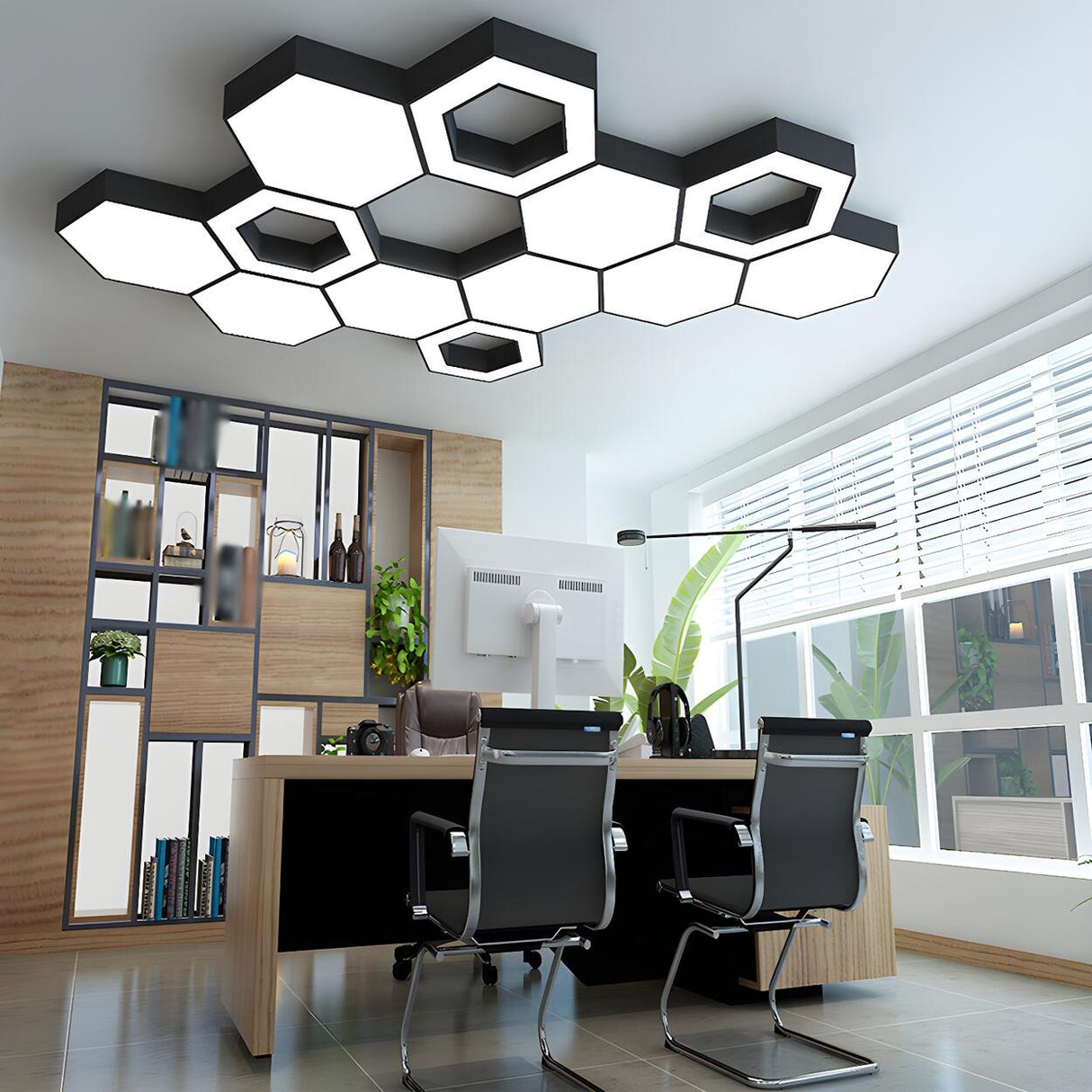 Office Black Hexagon Honeycomb LED Flush Mount Light Image - 1