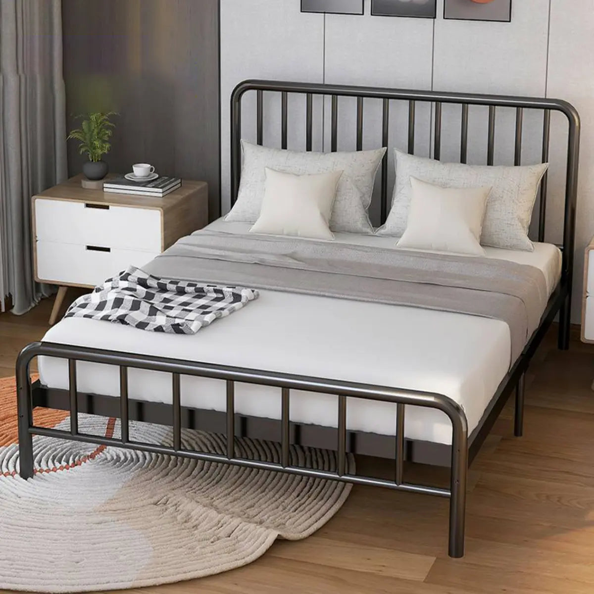 Open-Frame Metal Black Queen Slat Bed with Headboard Image - 1