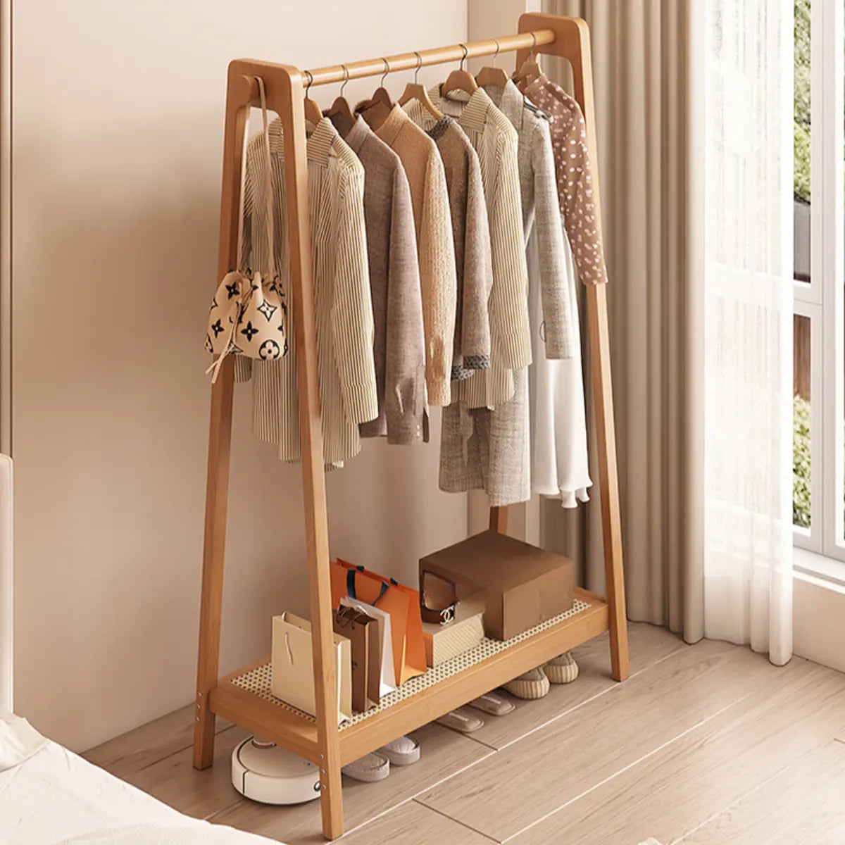 Open Storage A-Frame Bamboo Hooks Coat Rack with Shelves Image - 6