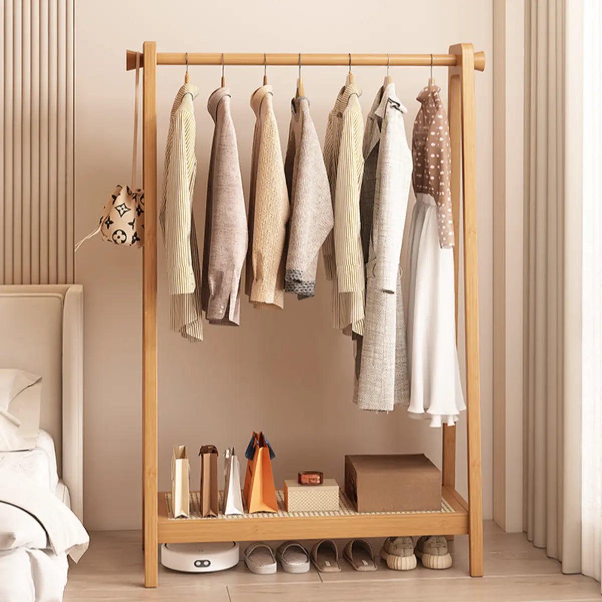 Open Storage A-Frame Bamboo Hooks Coat Rack with Shelves Image - 8