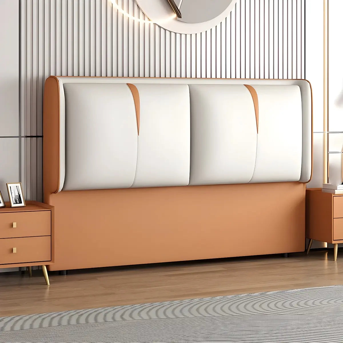 Orange-Beige Rectangular Upholstered Wingback Headboard Image - 13