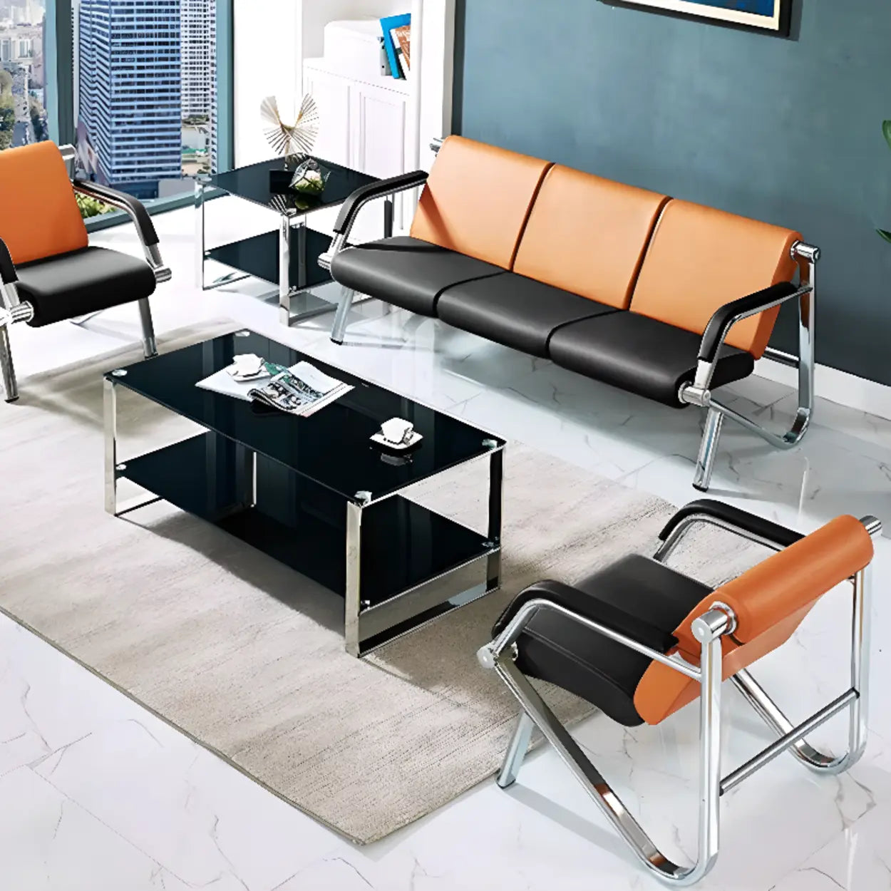 Orange-Black Scratch Resistant Faux Leather Beam Seating Image - 1