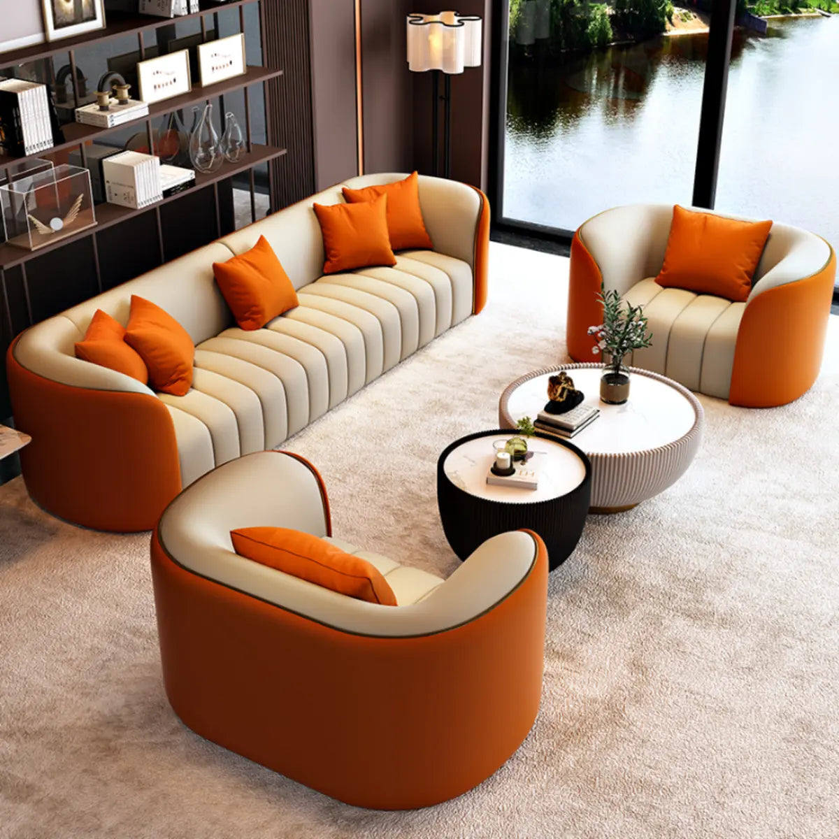 Orange Faux Leather Upholstered Back Sofa Set with Arms Image - 1