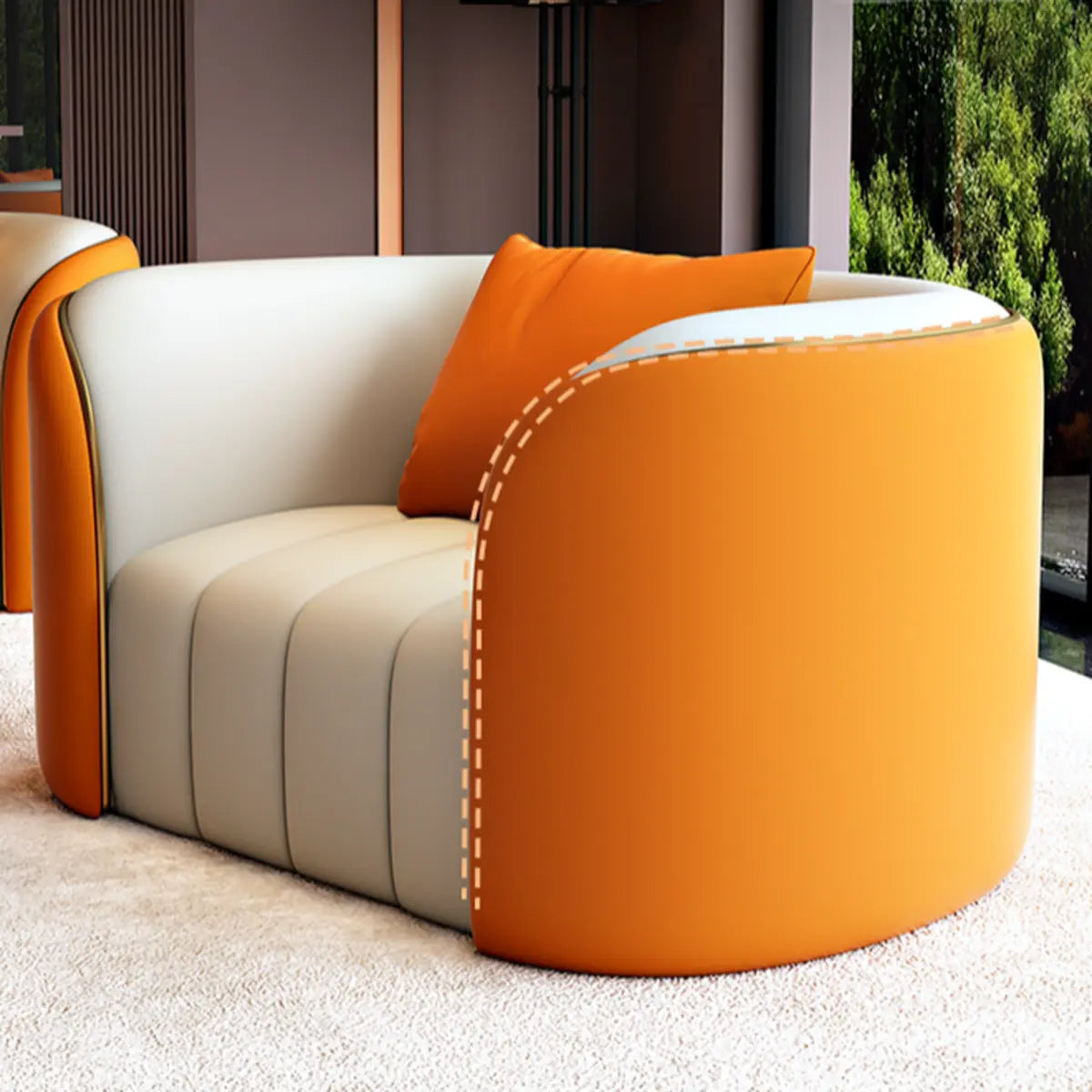 Orange Faux Leather Upholstered Back Sofa Set with Arms Image - 10