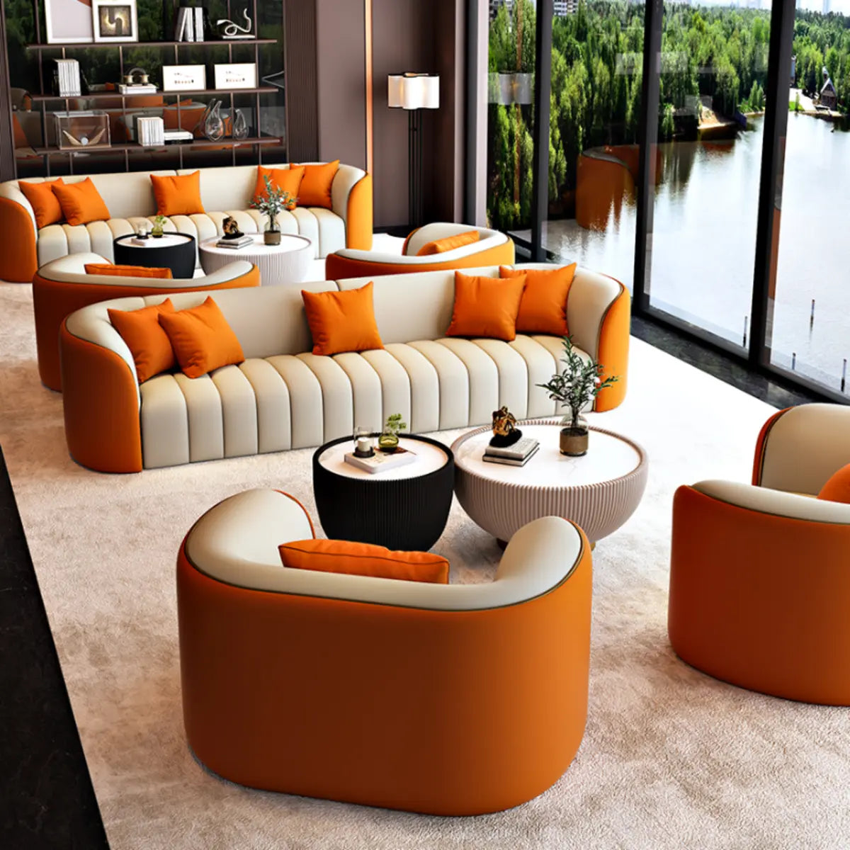 Orange Faux Leather Upholstered Back Sofa Set with Arms Image - 4