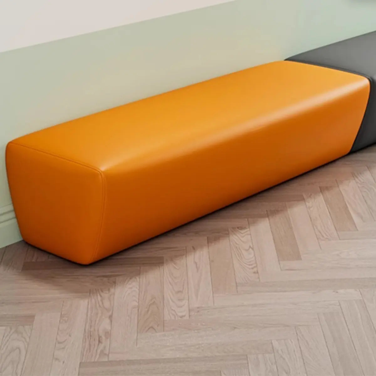 Orange Grey Armless Wooden Frame Upholstered Bench Image - 2