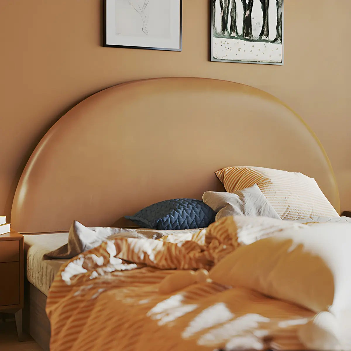 Orange Leather Arched Upholstered Headboard with Legs Image - 2