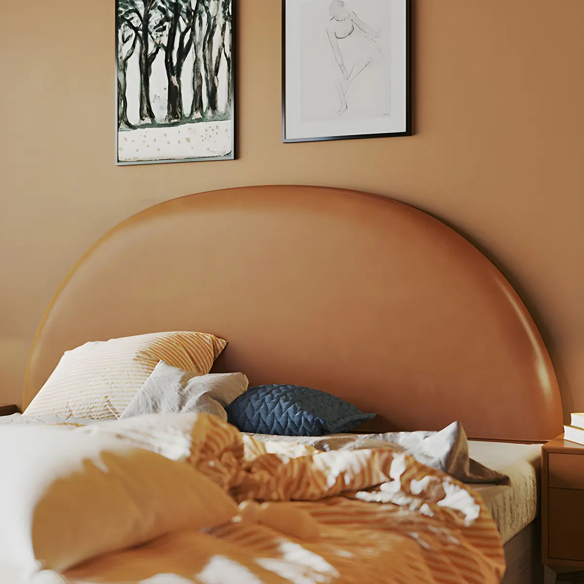 Orange Leather Arched Upholstered Headboard with Legs Image - 3