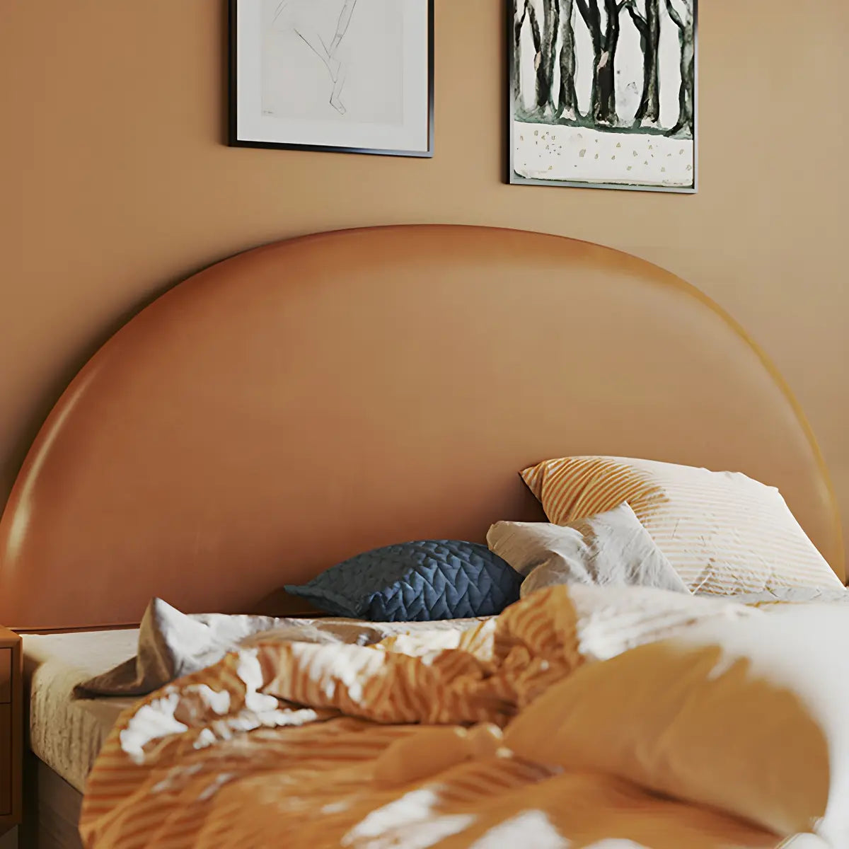 Orange Leather Arched Upholstered Headboard with Legs Image - 4