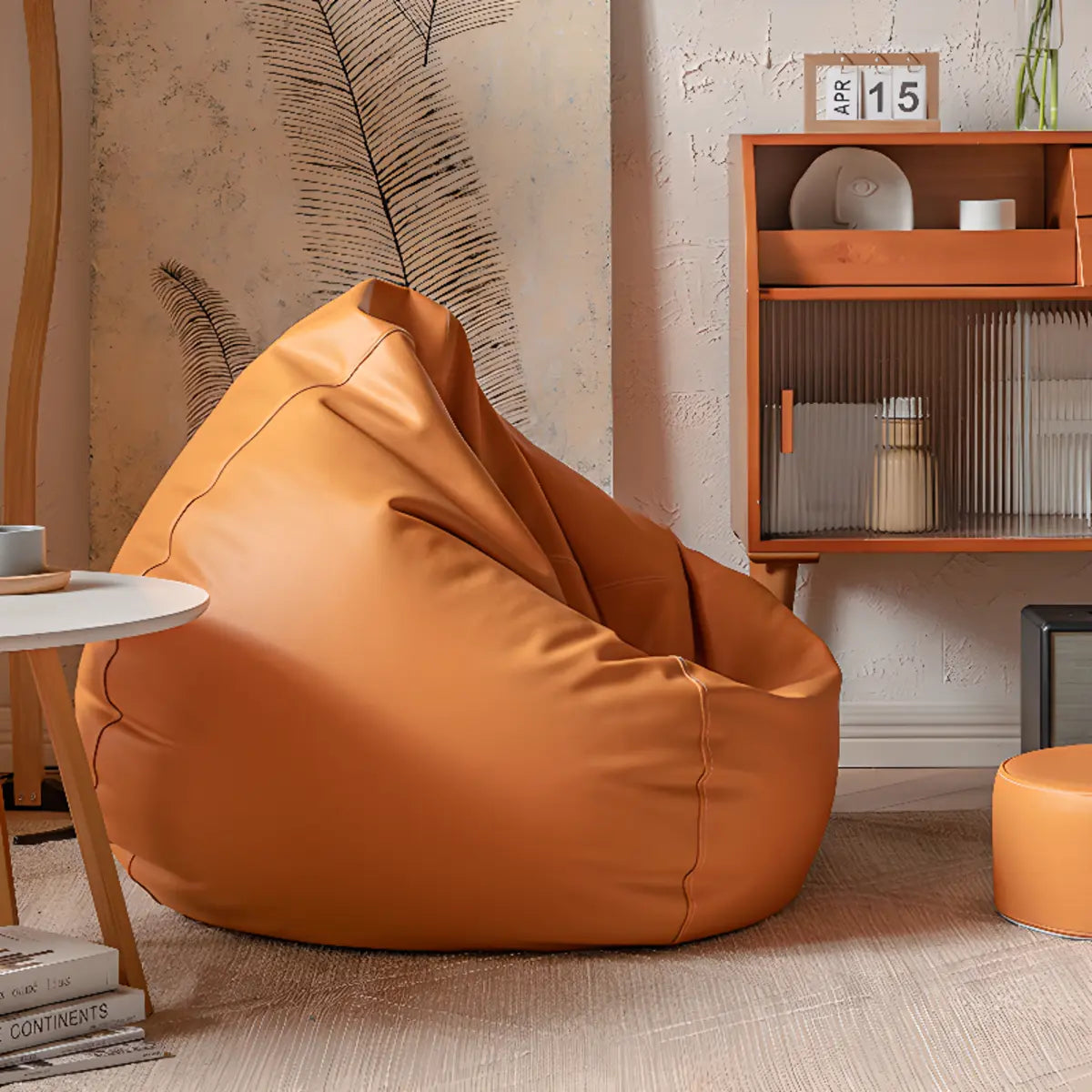 Orange Portable Round Leather Lounge Bean Bag Chair Image - 4