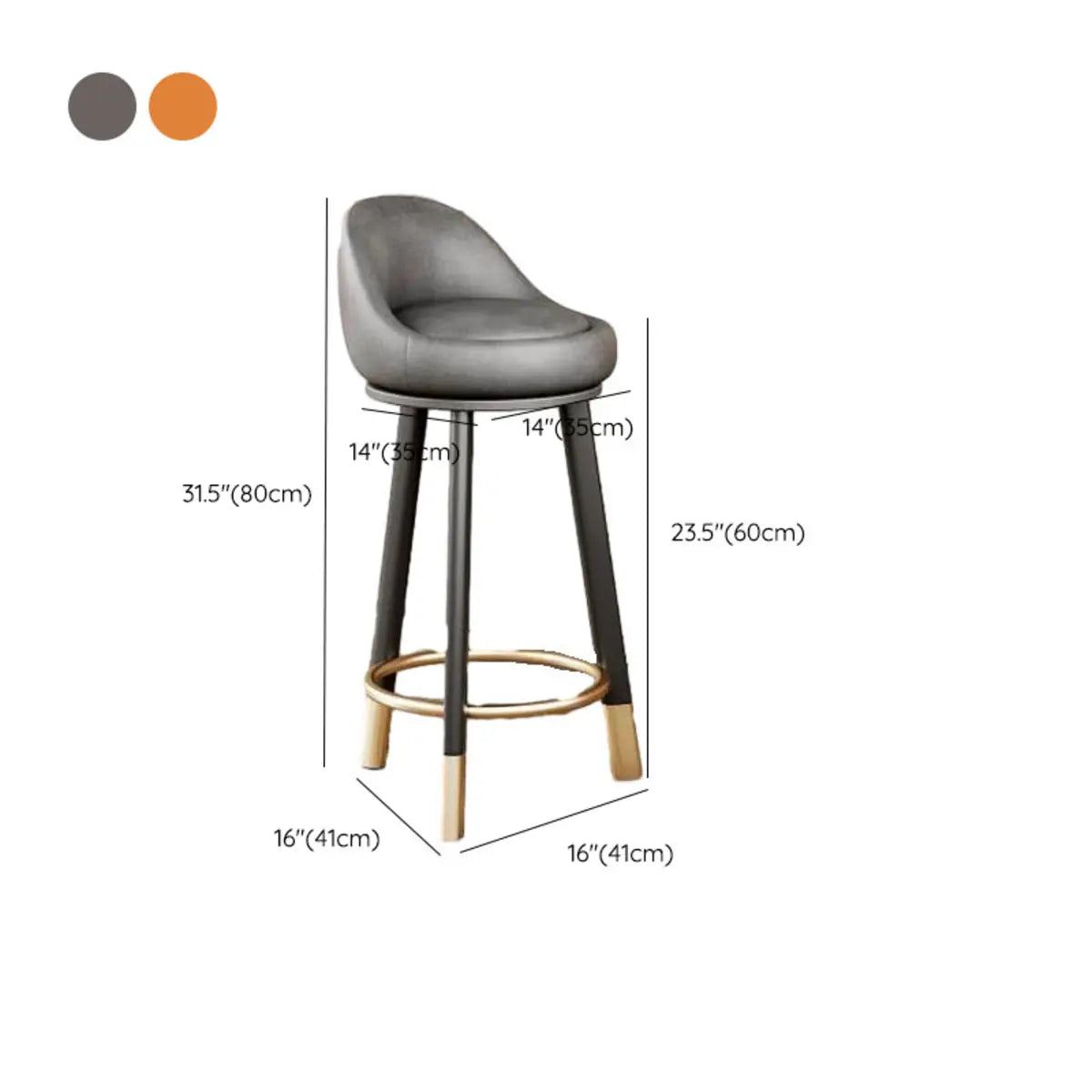 Orange Round Low-Back Velvet Bar Stool with Footrest Image - 61