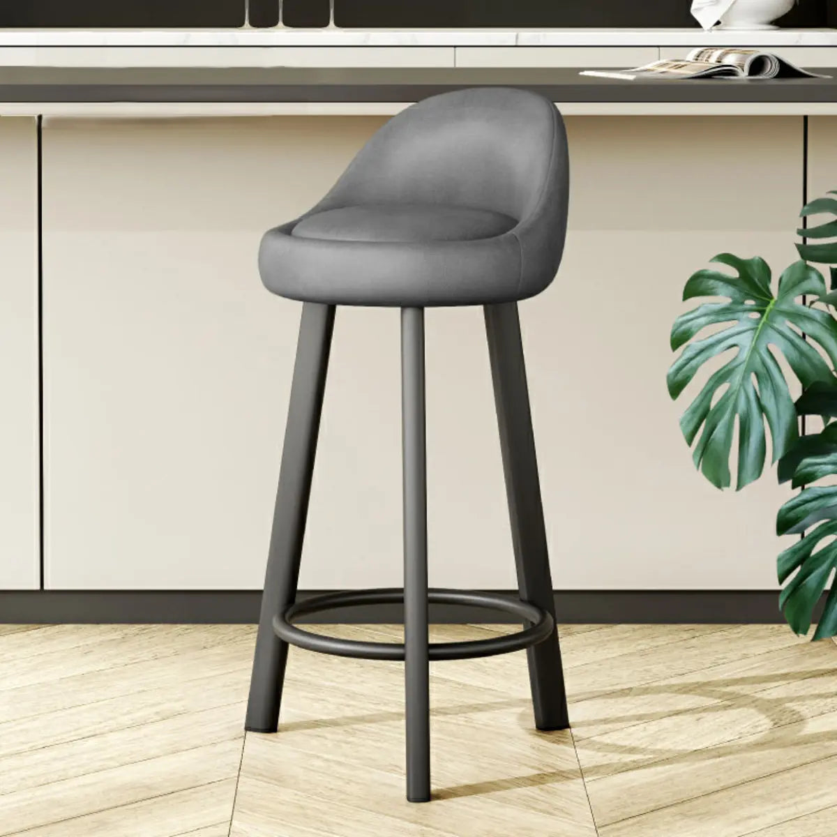 Orange Round Low-Back Velvet Bar Stool with Footrest Image - 30