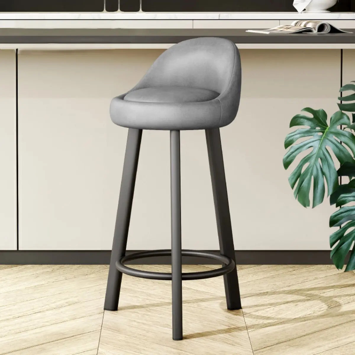 Orange Round Low-Back Velvet Bar Stool with Footrest Image - 31