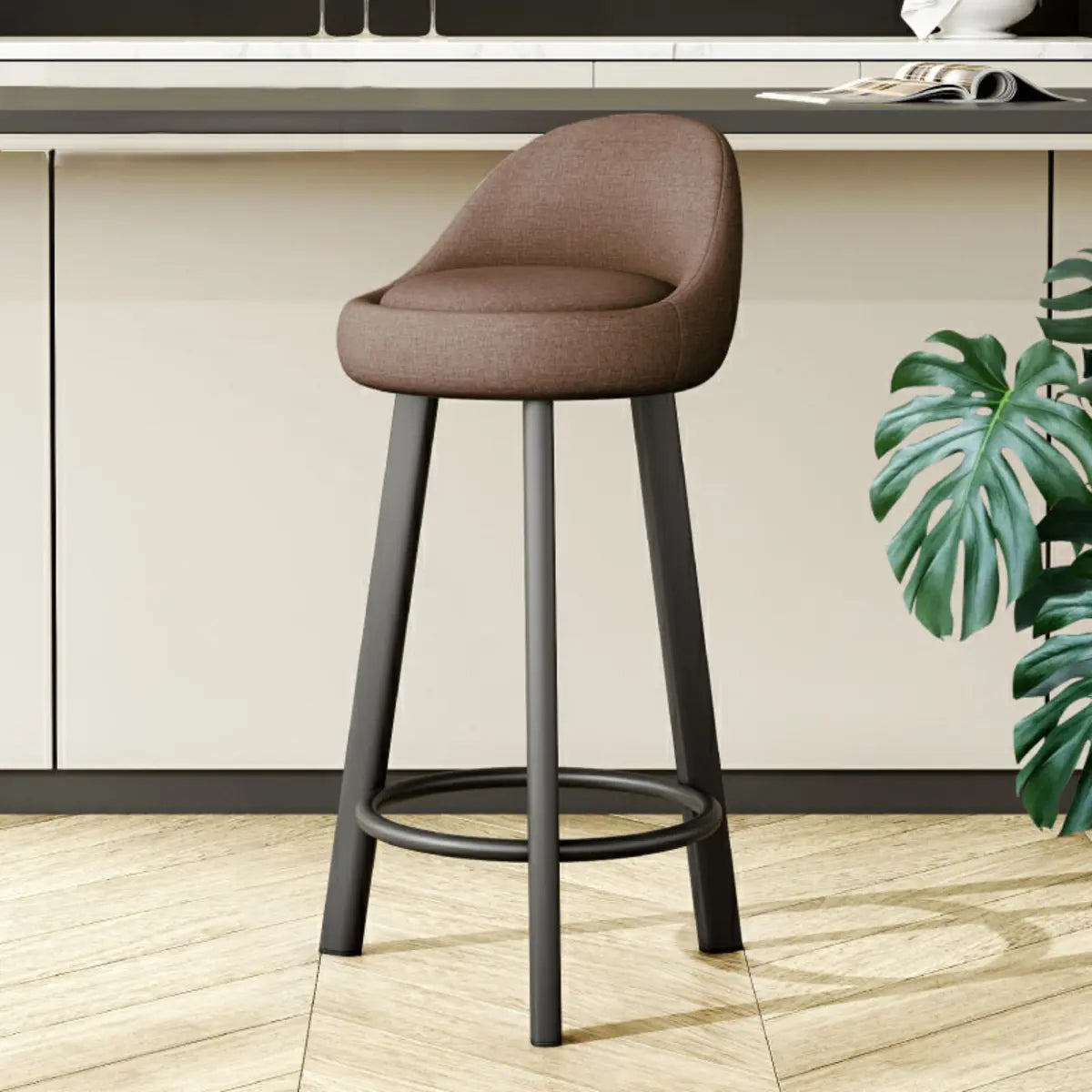 Orange Round Low-Back Velvet Bar Stool with Footrest Image - 36