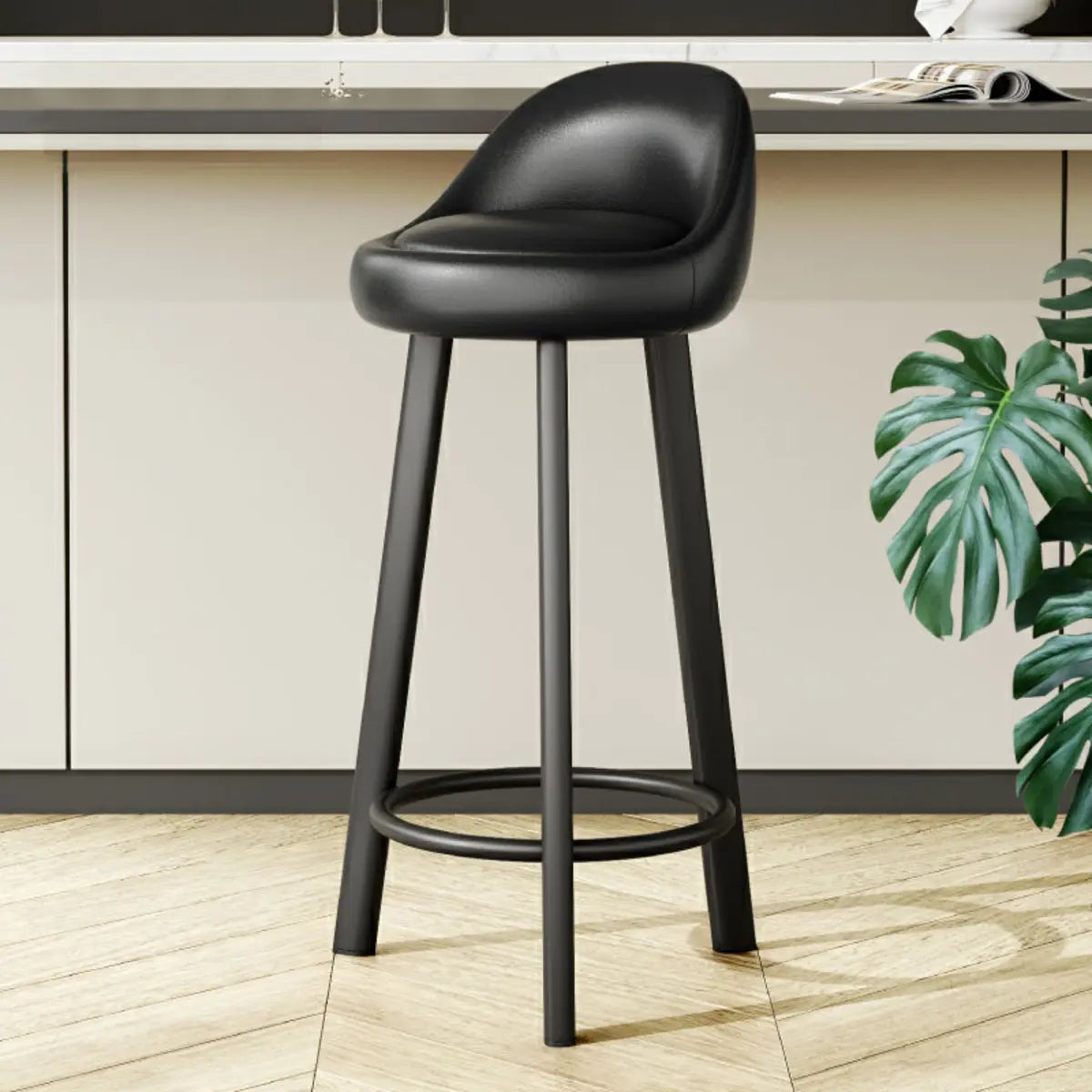 Orange Round Low-Back Velvet Bar Stool with Footrest Image - 39