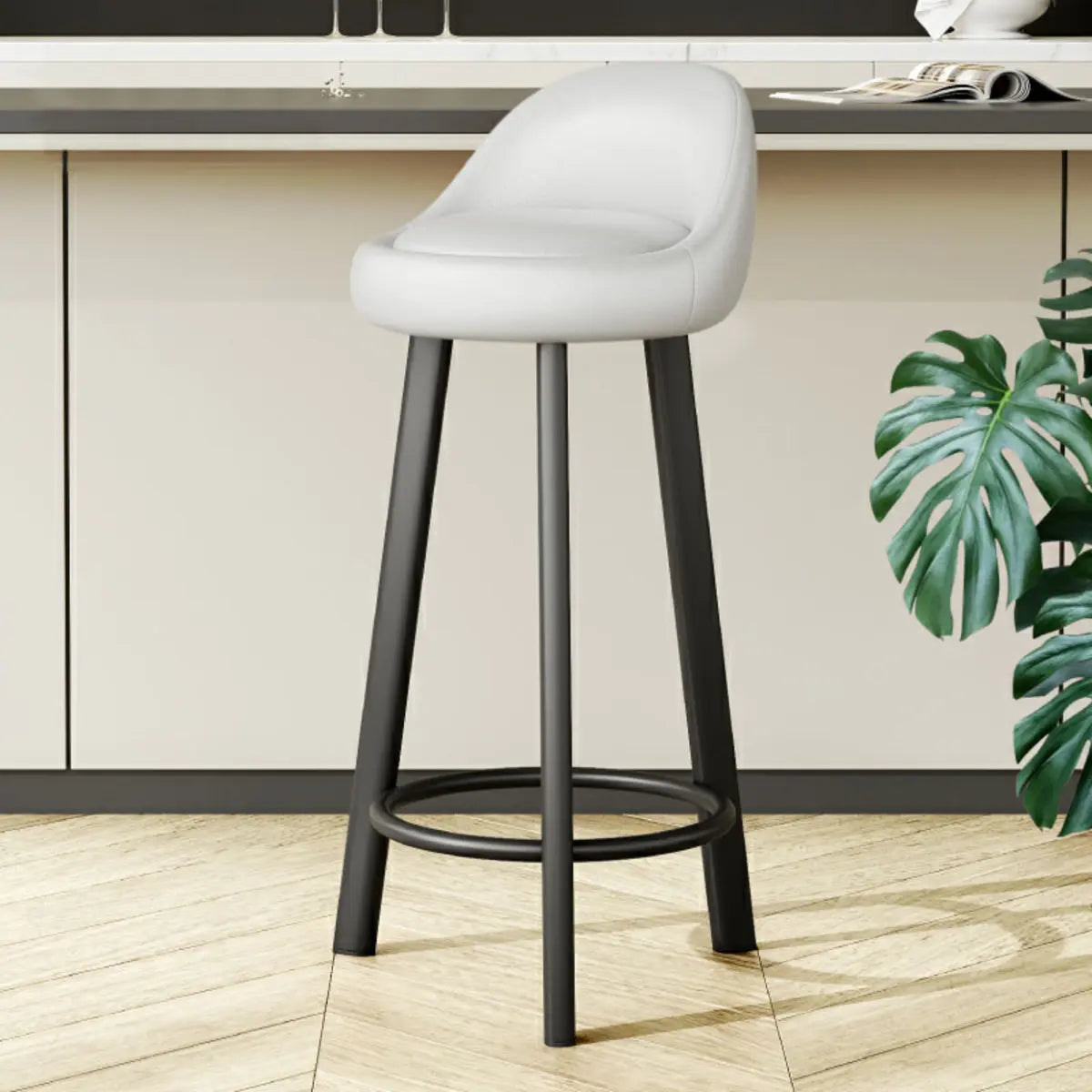 Orange Round Low-Back Velvet Bar Stool with Footrest Image - 40