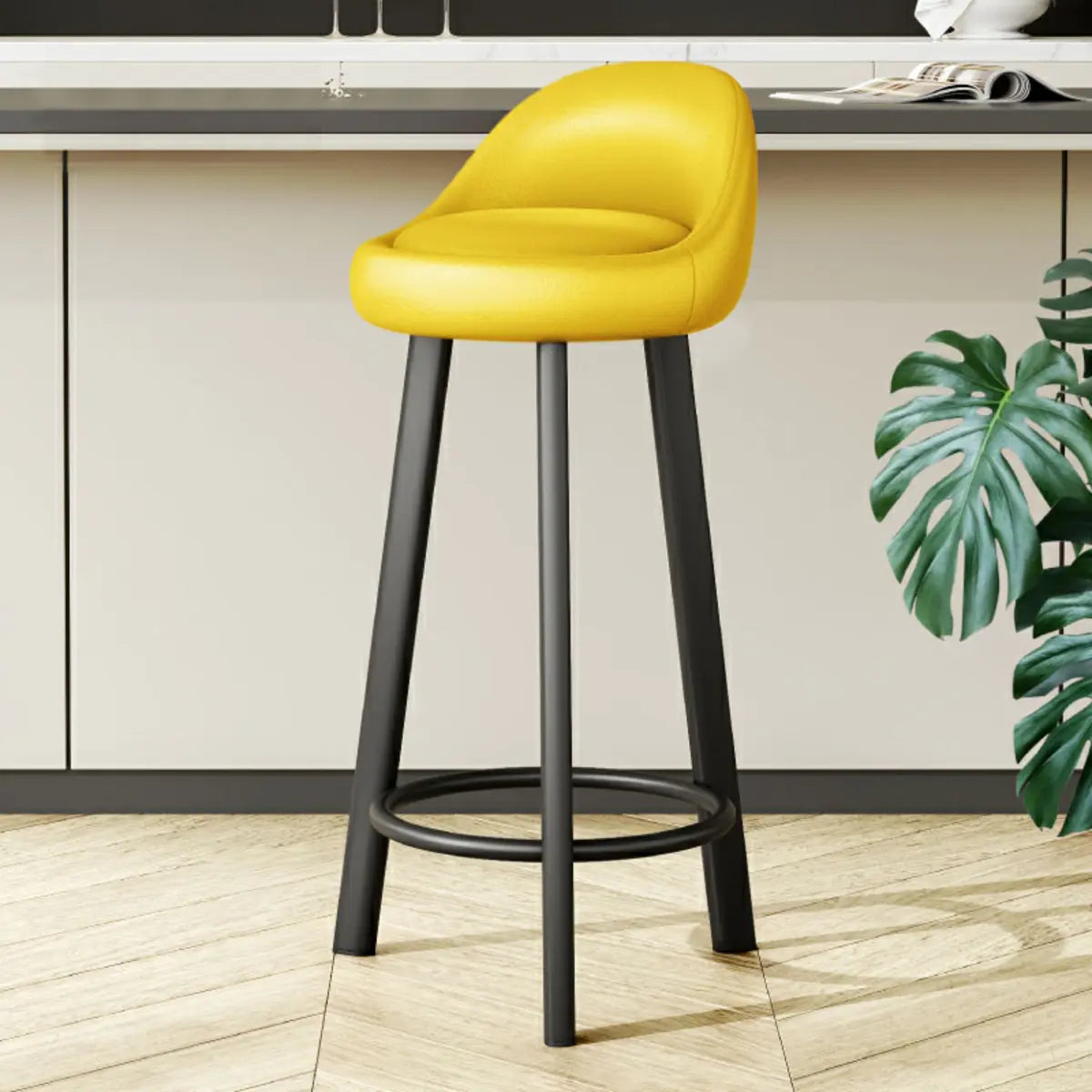 Orange Round Low-Back Velvet Bar Stool with Footrest Image - 41