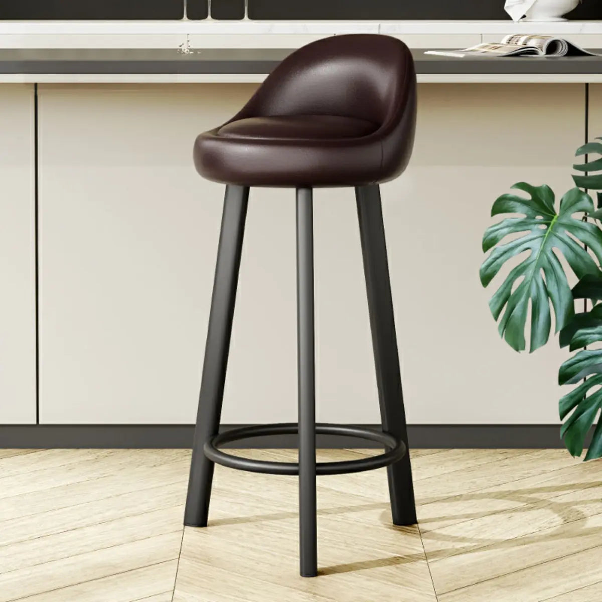 Orange Round Low-Back Velvet Bar Stool with Footrest Image - 42