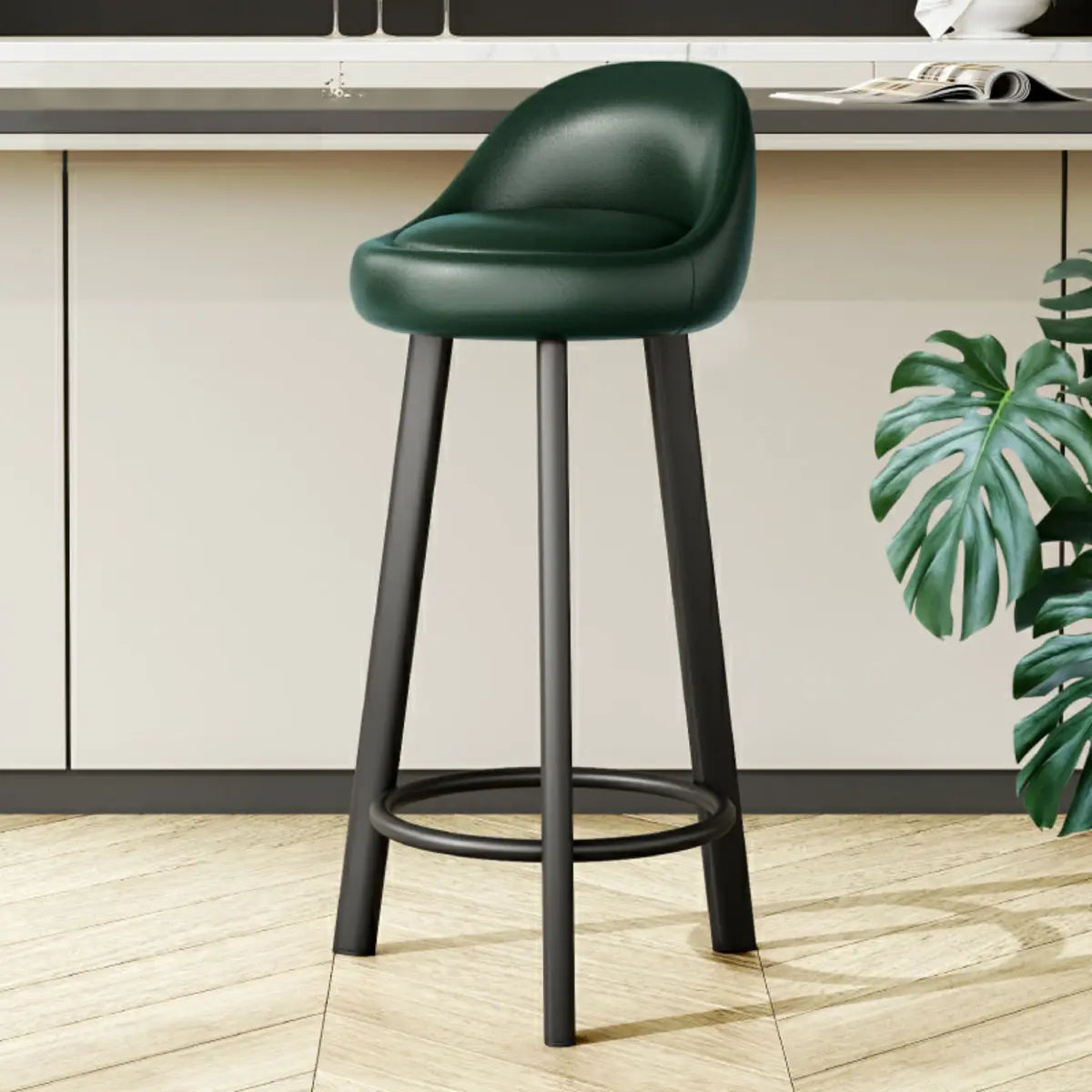 Orange Round Low-Back Velvet Bar Stool with Footrest Image - 43