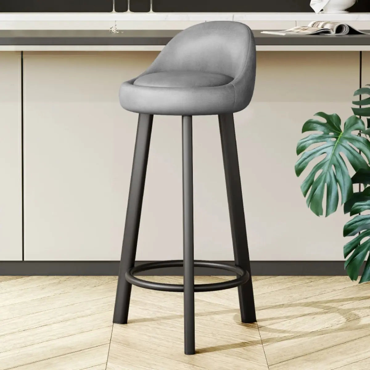 Orange Round Low-Back Velvet Bar Stool with Footrest Image - 45